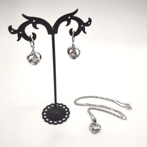 925 Silver Necklace Ring & Earring Set White CZ Diamonds Heart Stones Valentines